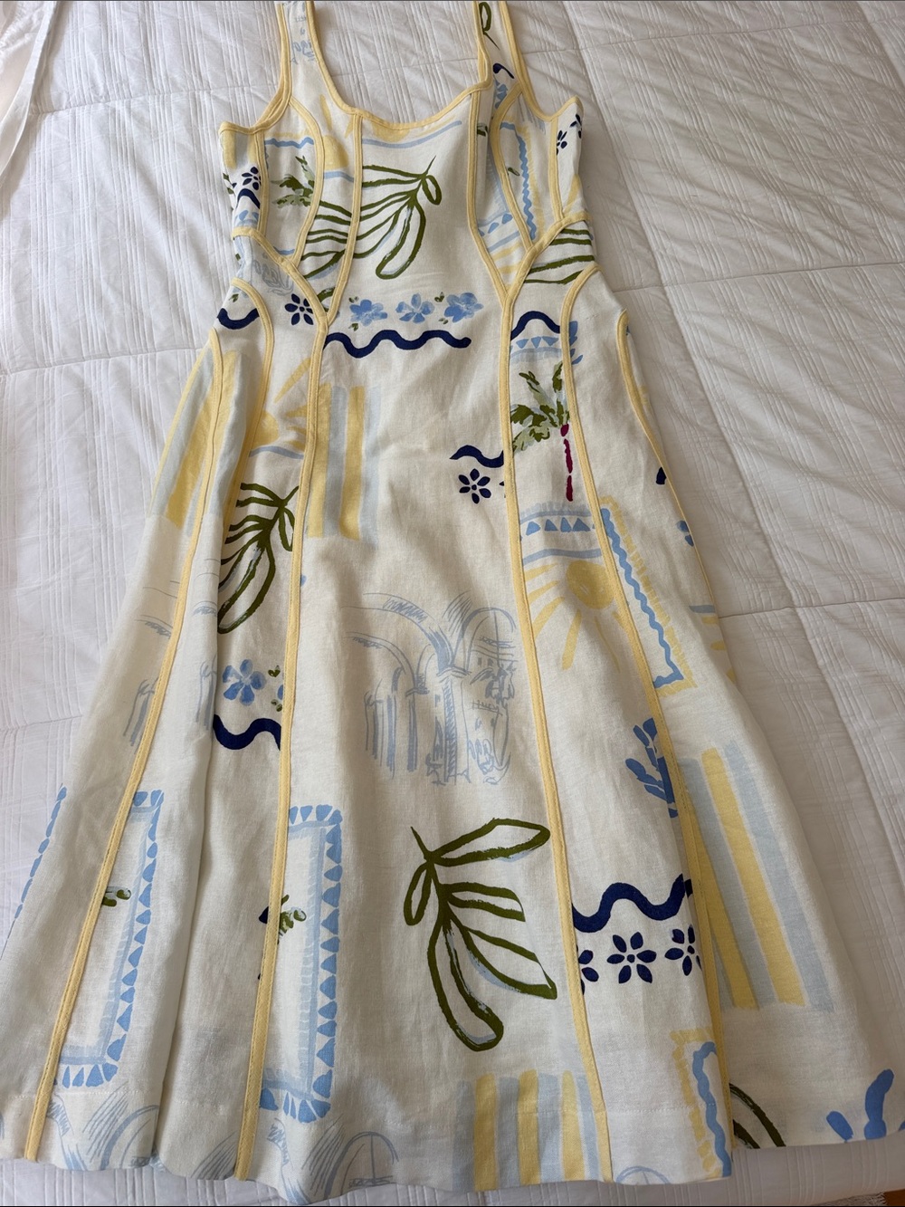 Caroline Constas Cream Midi Dress with Yellow, Blue & Olive Green Print